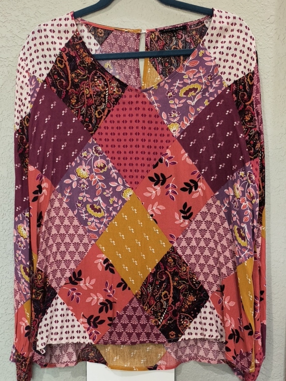 Staccato Patchwork Long Sleeve Top in Burgundy Multi